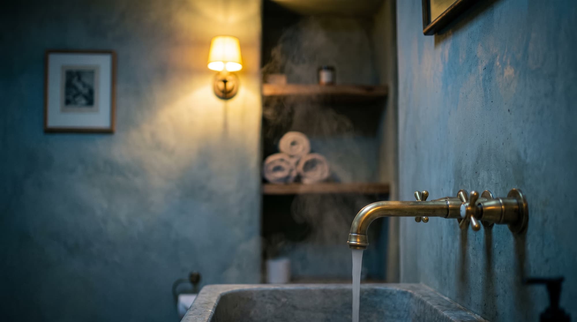 Illustration (AI-generated): Wall tap over a stone basin