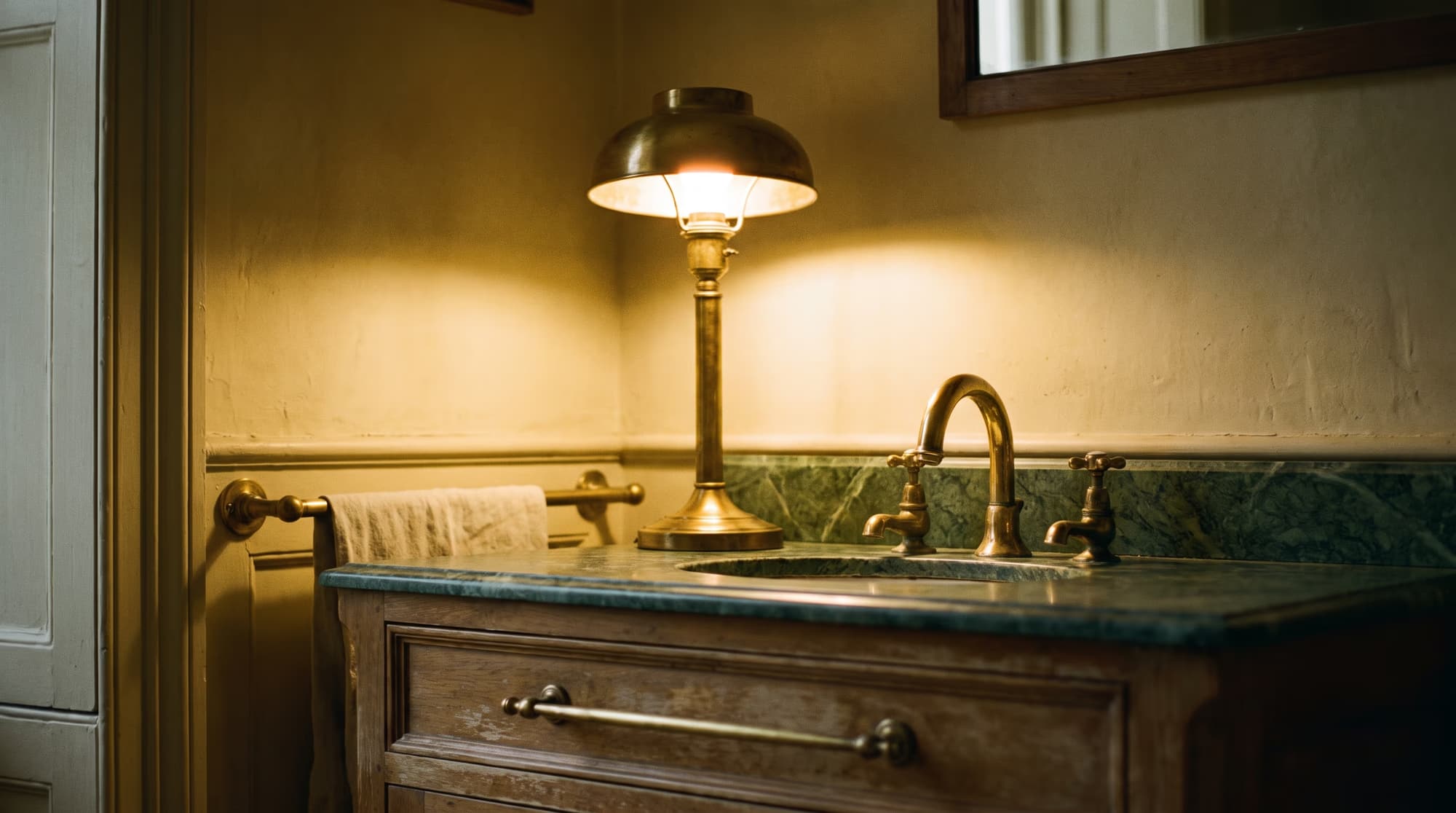 Illustration (AI-generated): Brass taps at a lit vanity